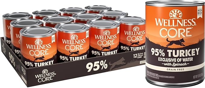 Wellness CORE 95% Natural Wet Grain Free Canned Dog Food, Turkey & Spinach,12.5-Ounce Can (Pack of 12)