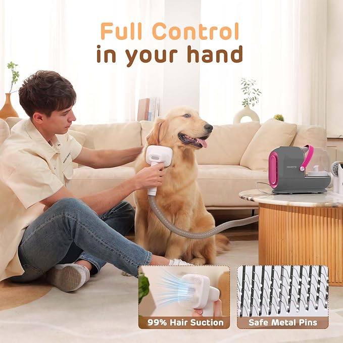 Dog Grooming Vacuum Kit, 3L Pet Grooming Vacuum with 7 Pet Grooming Tools, Dog Vacuum for Shedding Grooming at Home with Low Noise Electric Clipper and Brush, Gray