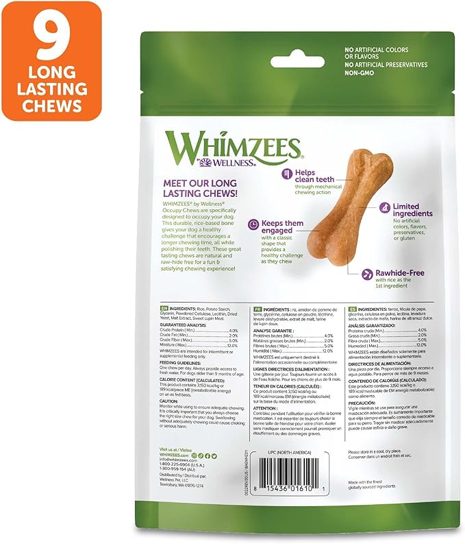 WHIMZEES by Wellness Rice Bone Natural Dog Dental Chews, Long Lasting Treats, Freshens Breath, For Dogs 25-60 lbs, 9 count