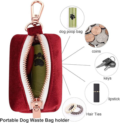 ARING PET Dog Waste Bag Dispenser, Soft Velvet Doggy Poop Bags Holders Attach to Any Leashes, Portable Washable Christmas Pet Waste Pouch Dispenser with Metal Zipper