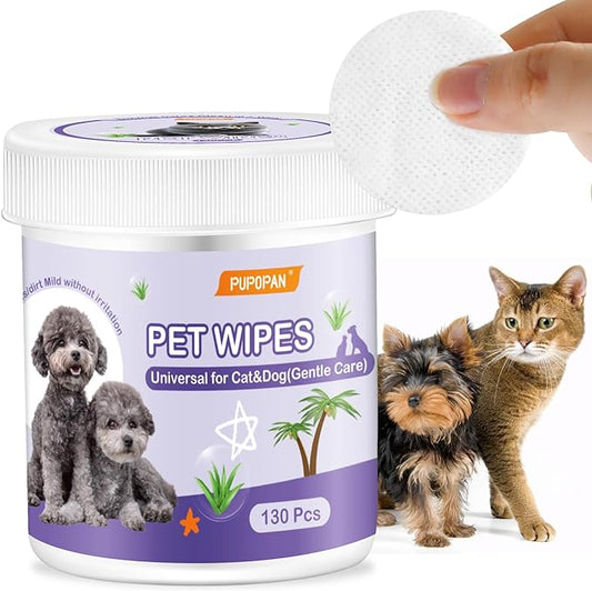 Pet Gentle Eye Wipes, 130 Count Universal Cat & Dog Grooming Wipes, Natural and Safe for Removing Dirt Crust and Discharge, Hypoallergenic for Ear, Body, Paw