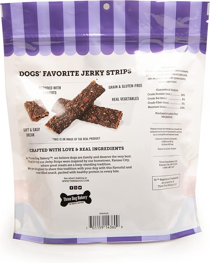 Three Dog Bakery From Our Kitchens Grain Free Meaty Filet Strips, Chicken with Carrots Flavor, Premium Treats for Dogs, 12 Ounce Resealable Pack