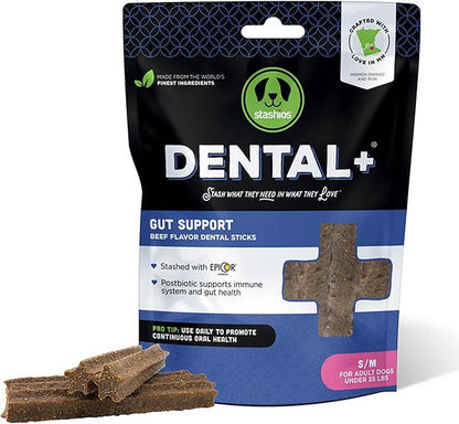 Dental+ Sticks for Dogs Under 35 lbs- Gut Support, with Beef Bone Broth, All Natural, EpiCor postbiotic, Made in The USA, Dental+ Bag, S/M - 7 oz.
