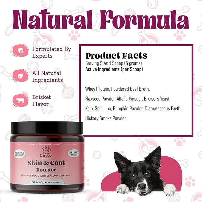 PAWZ Skin & Coat Supplement Powder for Dogs - 90 Scoops Beef Flavor - Omega 3 Probiotics Supplement Support Coat Density and Strength - Suitable for All Types of Dogs