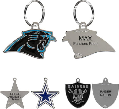 NFL Carolina Panthers Engraving Pet ID Tags in 32 Team Logo Shapes Personalized Dog Tags and Cat Tags with 3 Lines of Customizable Text for Tracking & Safety. Stainless Steel Pet ID Tracking Tags