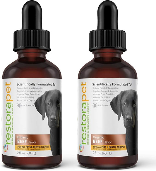 RestoraPet 2-Pack Dog & Cat Beef Liquid Multivitamin | Dog Arthritis Pain Relief | Hip & Joint Vitamins for Dogs - Anti Inflammatory Supplement for Dogs & Cats | Organic & Non-GMO, Vet Approved