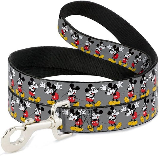 Buckle-Down Pet Leash - Mickey Mouse w/Glasses Poses Gray - 6 Feet Long - 1/2" Wide