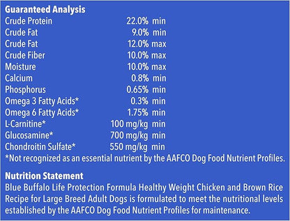 Blue Buffalo Life Protection Formula Natural Adult Large Breed Healthy Weight Dry Dog Food, Chicken and Brown Rice 34-lb