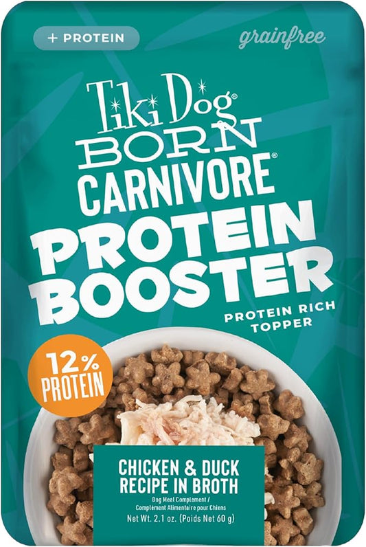 Tiki Dog Born Carnivore Protein Booster Dog Food Topper, Chicken and Duck Recipe in Broth, 2.1 oz. Pouch (12 Count)
