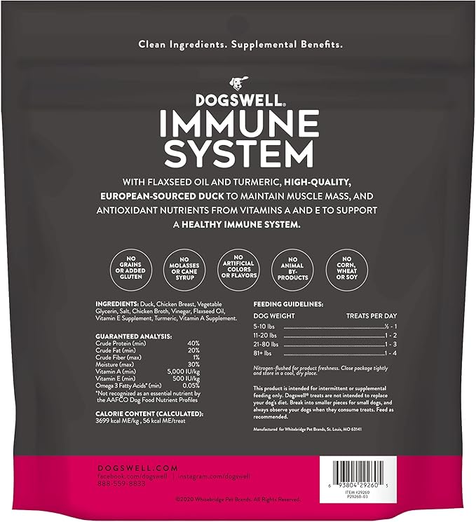 Dogswell Immunity & Defense, Flaxseed Oil, Turmeric, Vitamin E & A, Healthy Aging, Duck Jerky 20 oz, Model: 842222