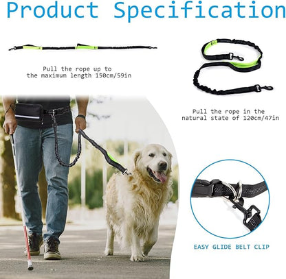 Hands Free Dog Leash with Zipper Pouch, Dual Padded Handles and Durable Bungee for Walking, Jogging and Running Your Dog, Waist Belt Dog Leash, Reflective Running Traction (Blue)