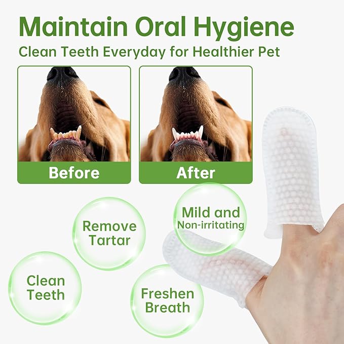 Teeth Cleaning for Dogs & Cats - Dental Care Finger Wipes to Remove Bad Breath - Pet Toothbrush Plaque and Tartar Remover - Tooth Brushing Kit (50 Count)