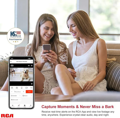 RCA Dog & Cat Smart Camera Treat Dispenser, WiFi-Enabled, 1080p HD Camera, Two-Way Audio, App Control, Compatible with Alexa & Google Assistant – for Small Treats & Kibble