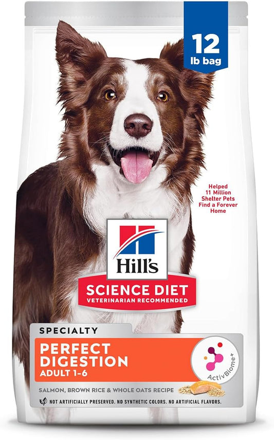 Hill's Science Diet Perfect Digestion, Adult 1-6, Digestive Support, Dry Dog Food, Salmon, Brown Rice, & Whole Oats, 12 lb Bag