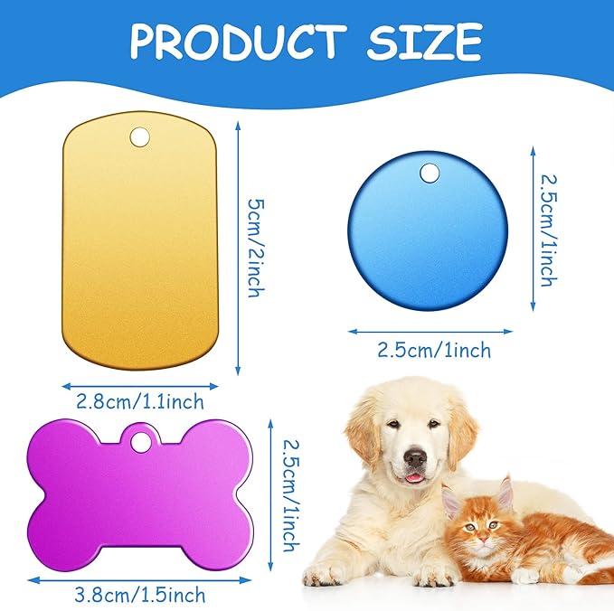 Frienda 60 Pieces Colorful Blank Dog Tags Hand Personalized Blank ID Tags Aluminum Round Dog Tag Bone Shape Pet ID Tags Stamping Blanks Discs with Hole for Dogs Cats Pets Name Craft Tag