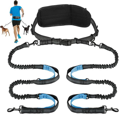 Kytely Hands Free Dog Leash with Zipper Pouch for 2 Dogs, Wide Padded Waist Dog Running Leash, Waist Leash for Dog Walking Dual Padded Handles, Retractable Bungee for Walking Jogging Training Hiking