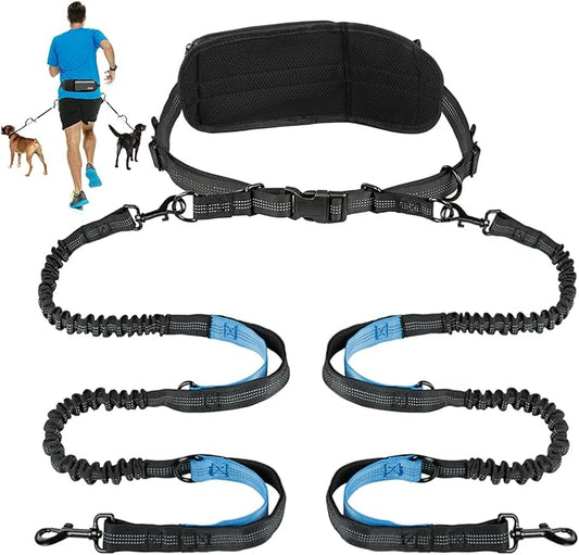 Kytely Hands Free Dog Leash with Zipper Pouch for 2 Dogs, Wide Padded Waist Dog Running Leash, Waist Leash for Dog Walking Dual Padded Handles, Retractable Bungee for Walking Jogging Training Hiking