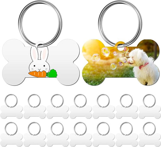 Hotop 16 Pieces Sublimation Blank Dog Tags Aluminum Dog ID Tags BoneShaped Pet Name Tags Double Sided Dog Collar Tags with 16 Pieces Key Rings for Dogs and Cats