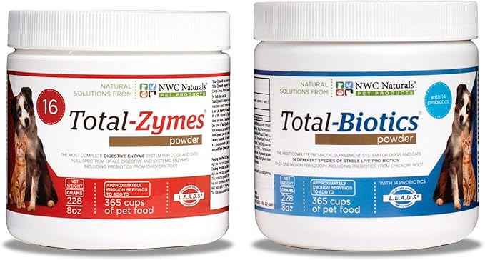 Twin Pack - Probiotics and Digestive Enzymes for dogs and cats one Total-Zymes and one Total-Biotics 8-Ounce