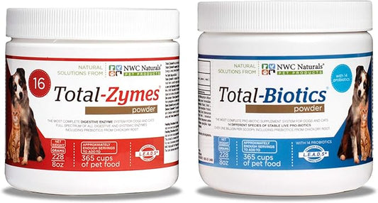 Twin Pack - Probiotics and Digestive Enzymes for dogs and cats one Total-Zymes and one Total-Biotics 8-Ounce
