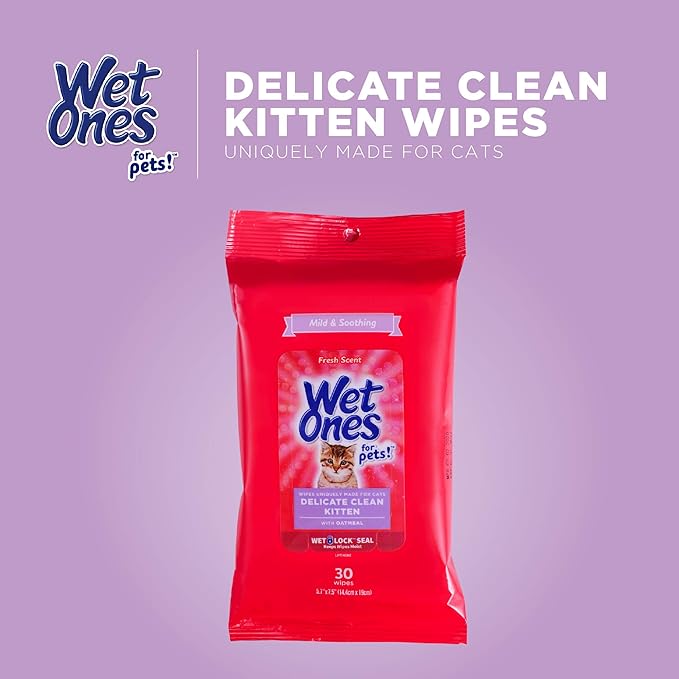 Wet Ones for Pets Delicate Clean Kitten Wipes for Cats with Oatmeal, 30 ct - 8 Pack|Cat Cleaning Wipes, Mild & Soothing Cat Grooming Wipes with Wet Lock Seal for Pet Grooming in Fresh Scent