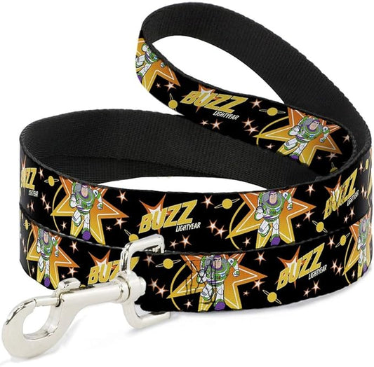 Dog Leash Toy Story Buzz Lightyear Running Stars Black Orange Yellow 6' Long 1.0" Wide