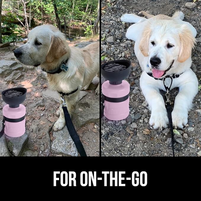 Gorilla Grip No Spill Portable Dog Water Bottle with Built in Bowl, Food Grade Silicone Leak Proof Pets Travel Drink Dispenser, Puppy Walk Training, Pet Hiking Essentials, Trip Accessories, Pink