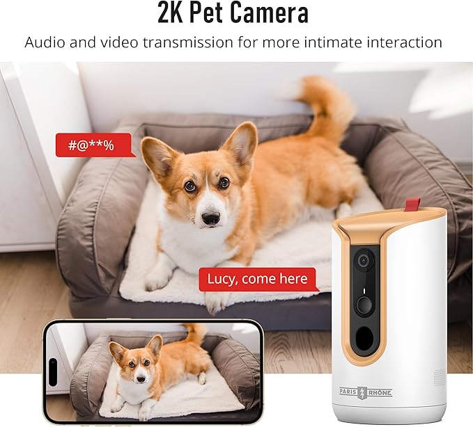 PARIS RHÔNE 2K Pet Camera, 360°View Dog Camera with Treat Dispensing, 5G WiFi Pets Monitoring with Smart Phone APP, Barking Detection and Motion Alerts, Two-Way Audio, Infrared Night Vision