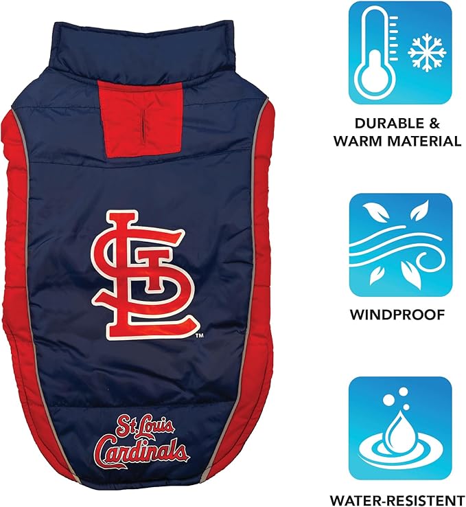 MLB St Louis Cardinals Puffer Vest for Dogs & Cats, Size Large. Warm, Cozy, and Waterproof Dog Coat, for Small and Large Dogs/Cats. Best MLB Licensed PET Warming Sports Jacket