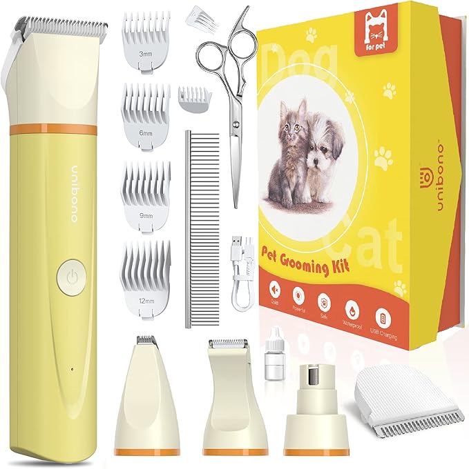 Dog Grooming Clippers Kit, All-in-One Low Noise Paw Trimmer Electric Small Puppy Clippers Rechargeable Cordless IPx7 Waterproof Cat Claw Trimmer Nail Grinder for Dogs Cats at Home