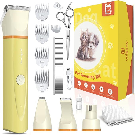 Dog Grooming Clippers Kit, All-in-One Low Noise Paw Trimmer Electric Small Puppy Clippers Rechargeable Cordless IPx7 Waterproof Cat Claw Trimmer Nail Grinder for Dogs Cats at Home