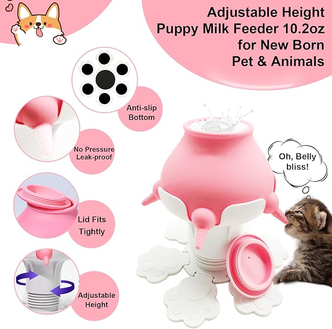 Puppy Feeders for Multiple Puppies - Height Adjustable Puppy Bottles for Nursing Puppy Milk, 10.2oz 5 Nipple Kitten Bottle with 2 Syringes for Newborn Animal, Feeding Station Milk Replacer