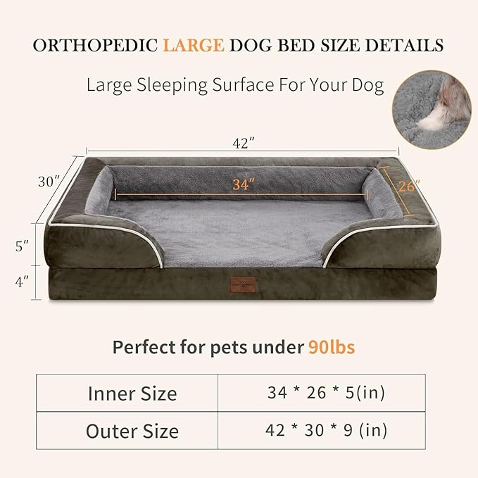 Orthopedic Memory Foam Dog Bed, Cooling Dog Bed, Dog Beds for Extra Large Dogs, XL Dog Bed with Removable Cover, Waterproof Pet Bed Large with Bolster(X-large,Olive Green)