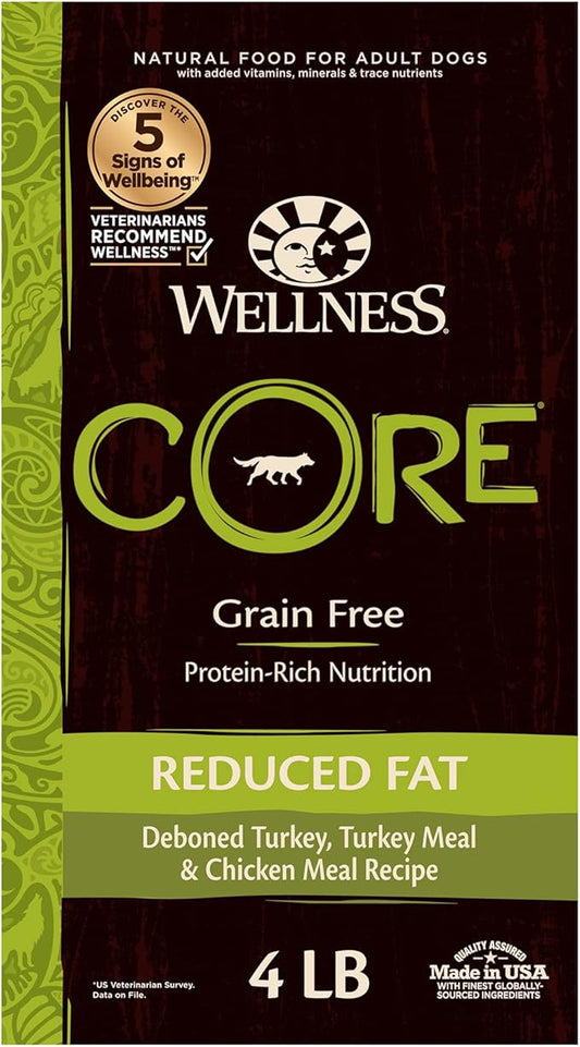 Wellness CORE Grain-Free High-Protein Dry Dog Food, Natural Ingredients, Made in USA with Real Meat, All Breeds, For Adult Dogs (Reduced Fat, 4-Pound Bag)