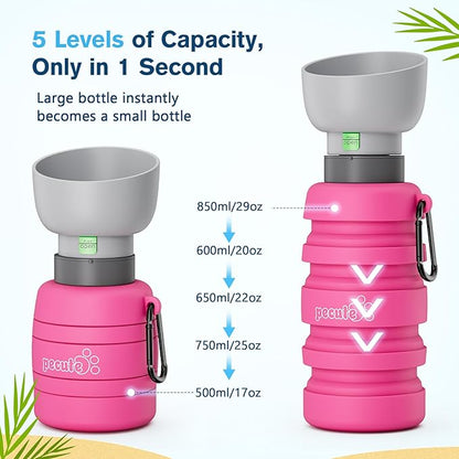 Pecute Dog Water Bottle Portable, 29oz Dog Foldable Water Bottle with Folding Bowl, Carabiner Clip, 5 Levels Capacity, 100% Food Grade Silicone, Dog Water Bottle for Outdoor Walking, Hiking, Travel