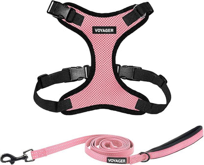 Voyager Step-in Lock Dog Harness w Reflective Dog Leash Combo Set with Neoprene Handle 5ft - Supports Small, Medium and Large Breed Puppies/Cats by Best Pet Supplies - Pink/Black Trim, XS