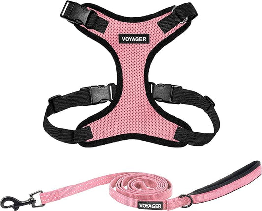 Voyager Step-in Lock Dog Harness w Reflective Dog Leash Combo Set with Neoprene Handle 5ft - Supports Small, Medium and Large Breed Puppies/Cats by Best Pet Supplies - Pink/Black Trim, M