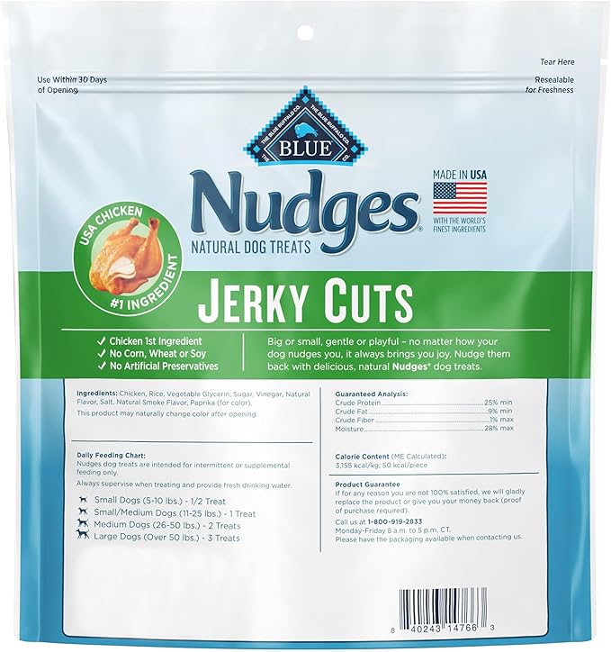 Blue Buffalo Nudges Jerky Bites Dog Treats, Made in The USA with Natural Ingredients, Bite-Sized Pieces, Chicken, 16-oz. Bag (Pack of 2)