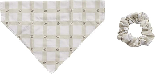 Pearhead Matching Bandana and Hair Scrunchie Set, Pet Owner and Dog Lover Set, Grey Gingham Paw Print, M/L