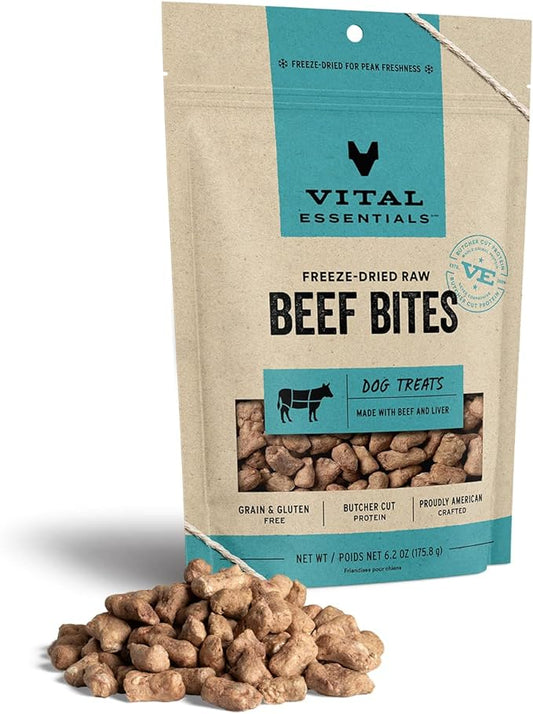 Vital Essentials Freeze Dried Raw Whole Animal Dog Treats, Beef Bites, 6.2 oz