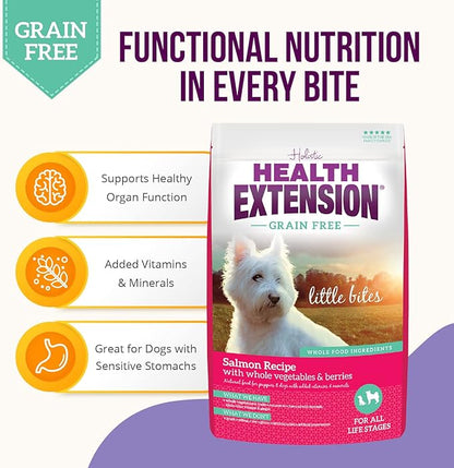 Health Extension Grain Free Little Bites for Dogs, Natural Food with Added Vitamins & Minerals, Perfect for Teacup, Toy & Small Dogs, Salmon Recipe with Whole Vegetables & Berries(12lb Bag)