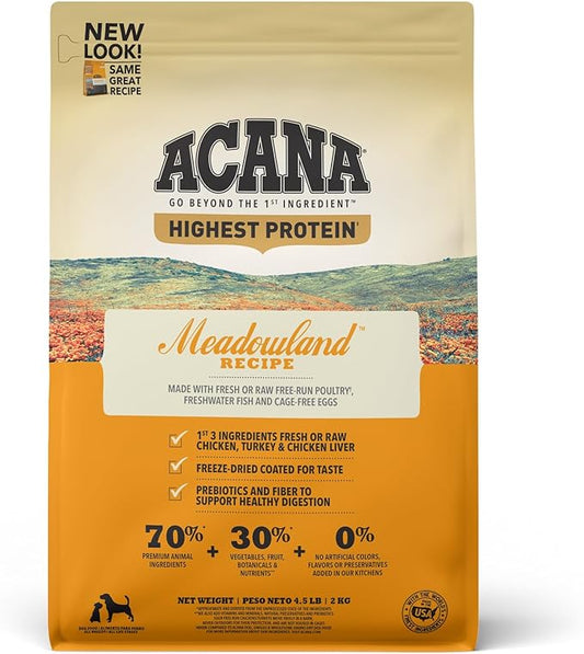 ACANA Highest Protein Dry Dog Food, Meadowland, Chicken and Turkey Recipe, 4.5lb