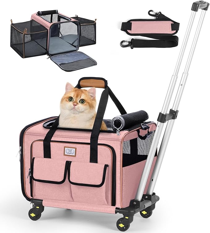 Lekereise Airline Approved Cat Dog Carrier with Wheels Expandable Rolling Pet Carrier for Medium Dogs and Cats Under 15 25LBS, Pet Travel Carrier on Wheels, Pink