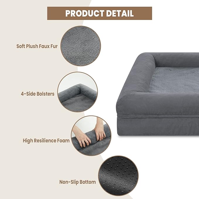 Large Dog Bed, Dark Grey Orthopedic Dog Bed, Washable Dog Bed with [Removable Bolster], Waterproof Dog Bed with Nonskid Bottom, Pet Bed, Dog Beds for Large Dogs