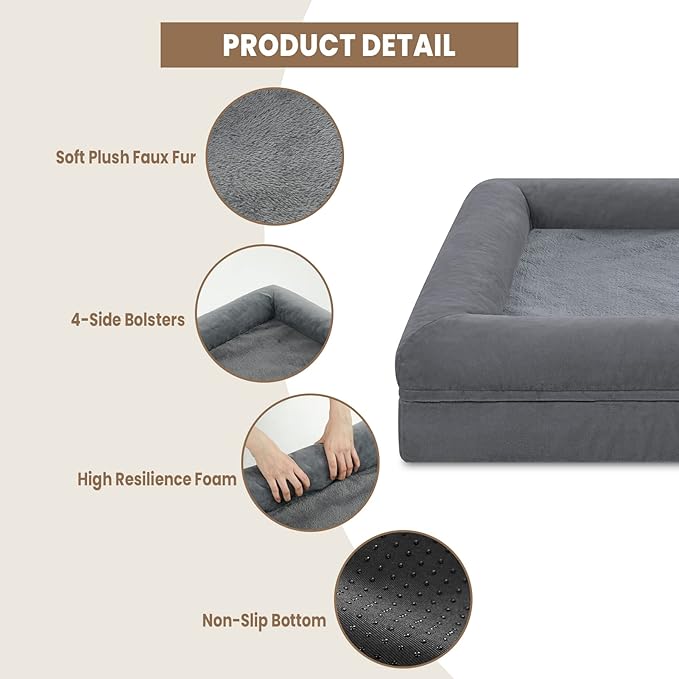 Medium Dog Bed, Dark Grey Orthopedic Dog Bed, Washable Dog Bed with [Removable Bolster], Waterproof Dog Bed with Nonskid Bottom, Doggy Bed, Dog Beds for Medium Dog Bed