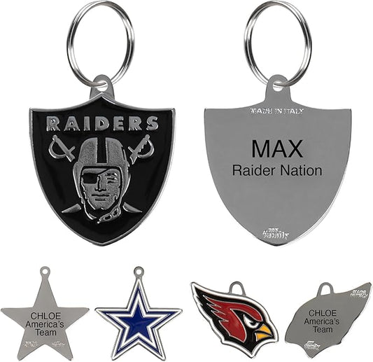 NFL Las Vegas Raiders Engraving Pet ID Tags in 32 Team Logo Shapes Personalized Dog Tags and Cat Tags with 3 Lines of Customizable Text for Tracking & Safety. Stainless Steel Pet ID Tracking Tags