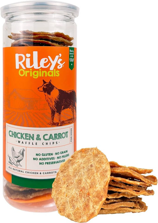 Riley's Waffles Chicken Chips for Dogs w Carrots - USA Sourced Chicken Dog Treats, Limited Ingredient Dog Treats, Dehydrated Jerky Treats Made in USA
