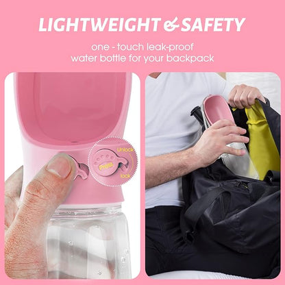 Kalimdor Dog Water Bottle, Leak Proof Portable Puppy bowl Water Dispenser with Drinking Feeder for Pets Outdoor Walking, Hiking, Travel, Food Grade Plastic (19oz Pink)