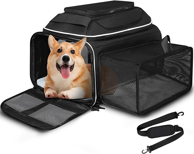 Top and Side Expandable Pet Carrier 17x13x9.5 Inches Southwest Airline Approved, Soft-Sided Carrier for Small Cats and Dogs with Locking Safety Zippers and Anti-Scratch Mesh(Black)