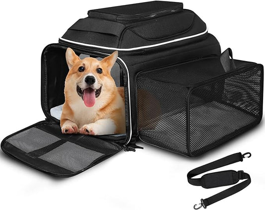 Top and Side Expandable Pet Carrier 17x13x9.5 Inches Southwest Airline Approved, Soft-Sided Carrier for Small Cats and Dogs with Locking Safety Zippers and Anti-Scratch Mesh(Black)